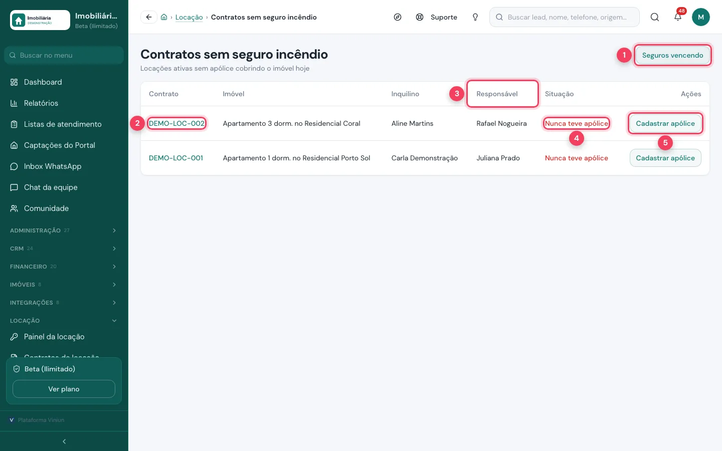 Contratos sem seguro incêndio com contrato, responsável, situação e cadastrar apólice