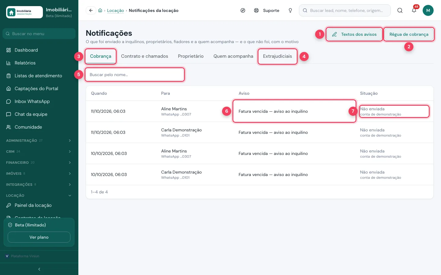 Notificações da locação com abas, busca, aviso enviado e situação com o motivo