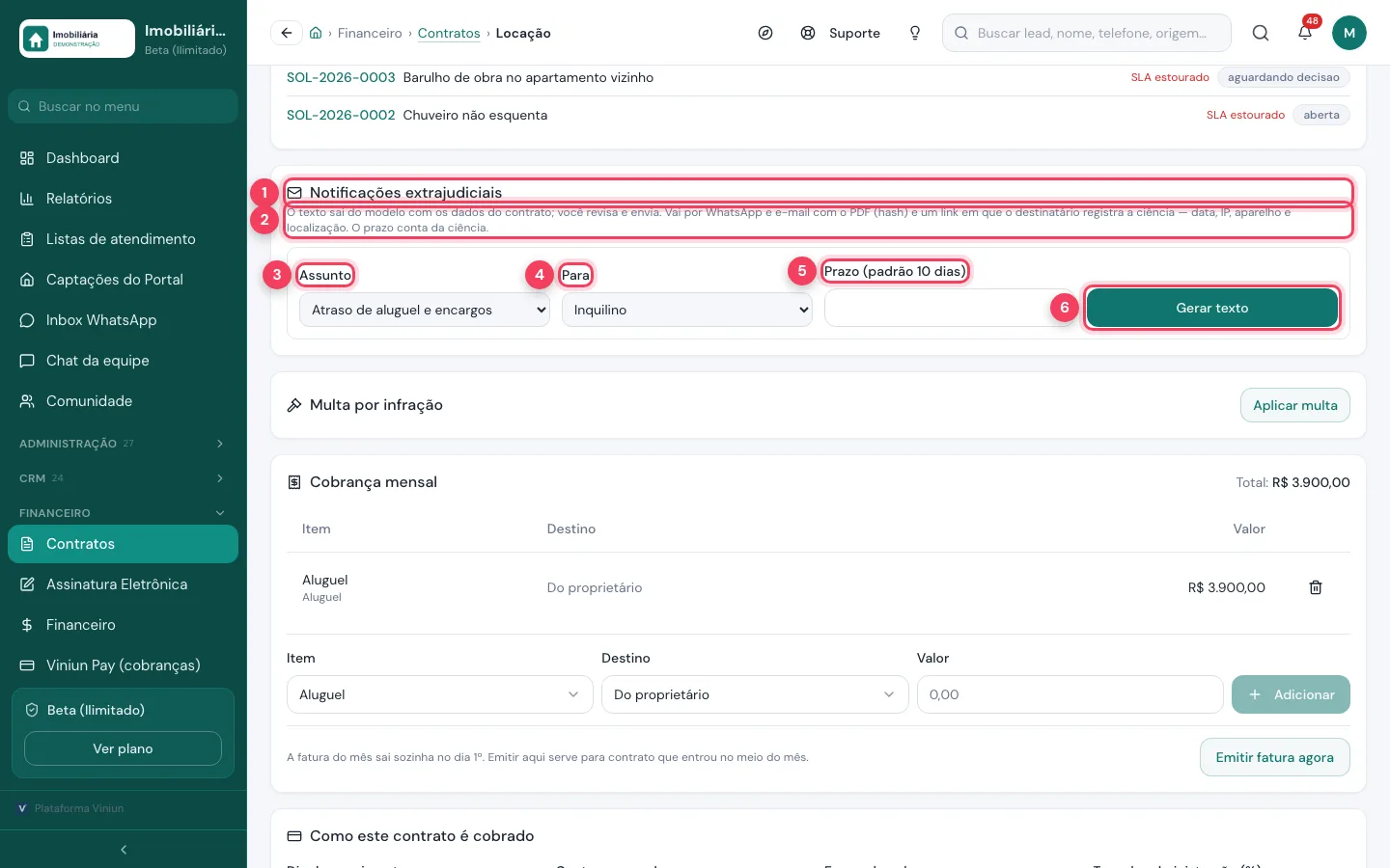 Bloco Notificações extrajudiciais com assunto, destinatário, prazo e gerar texto
