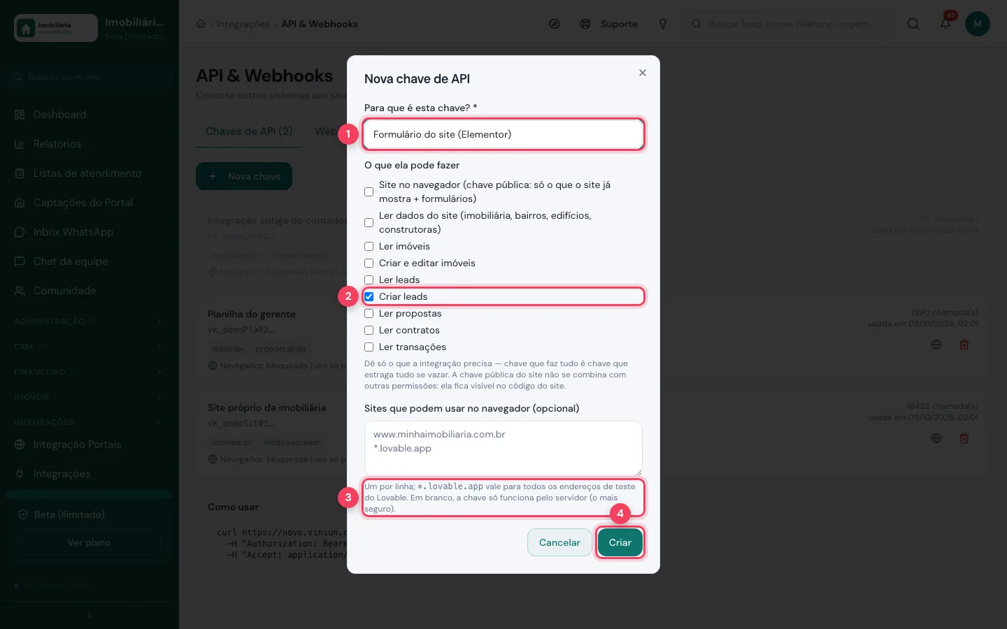 Formulário Nova chave de API com a permissão Criar leads marcada
