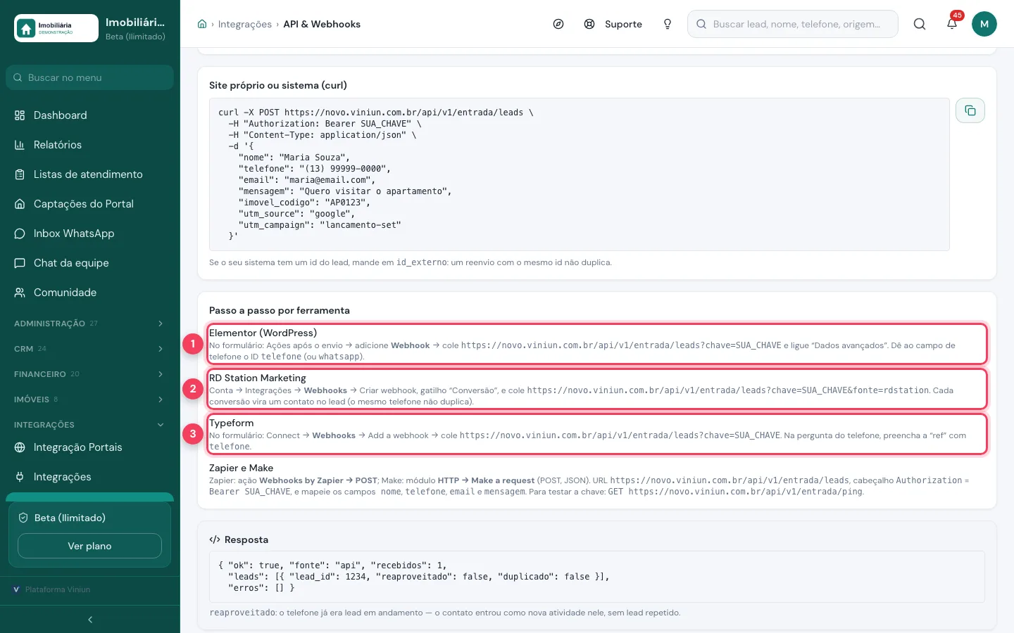 Instruções para Elementor, RD Station e Typeform na aba Receber leads