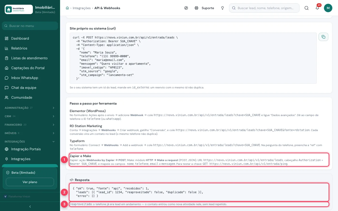 Instruções do Zapier e do Make e a resposta do envio de lead