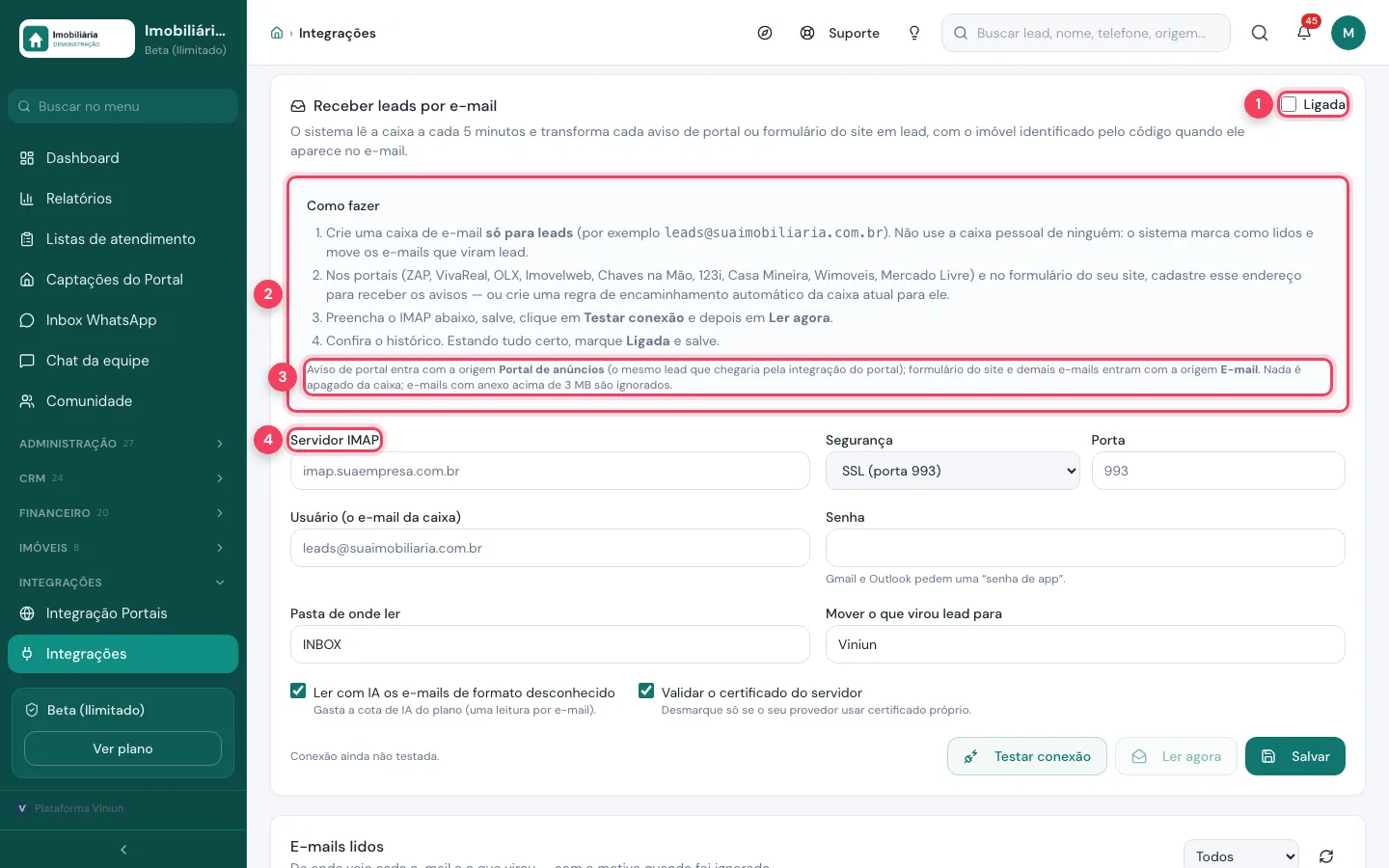 Tela Receber leads por e-mail com as instruções e o servidor IMAP