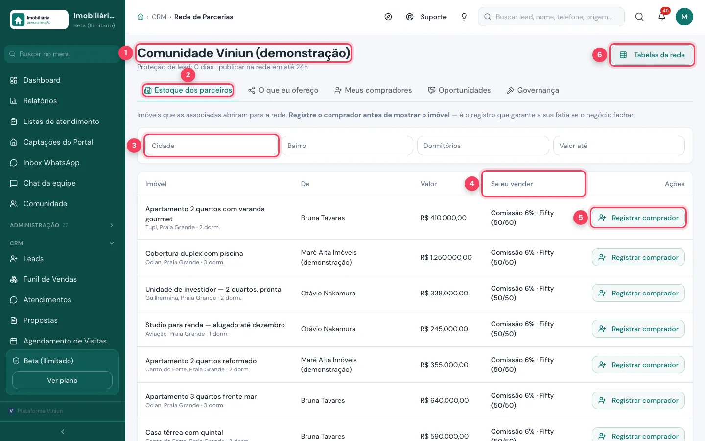 Rede de parcerias da Viniun com o nome da rede, a aba Estoque dos parceiros, os filtros, a coluna Se eu vender e o botão Registrar comprador marcados