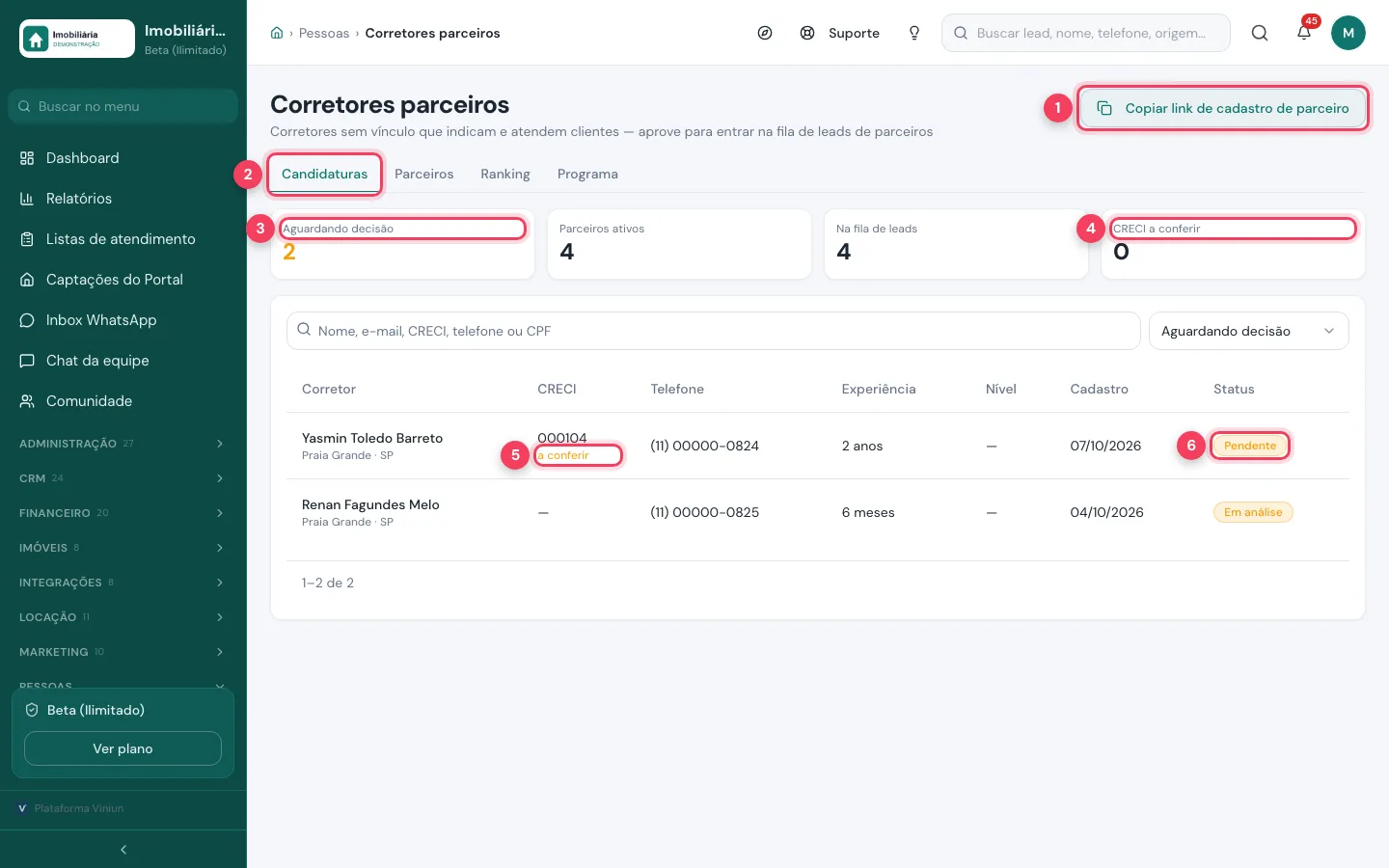 Tela Corretores parceiros com o link de cadastro, a aba Candidaturas, os contadores e o CRECI a conferir marcados