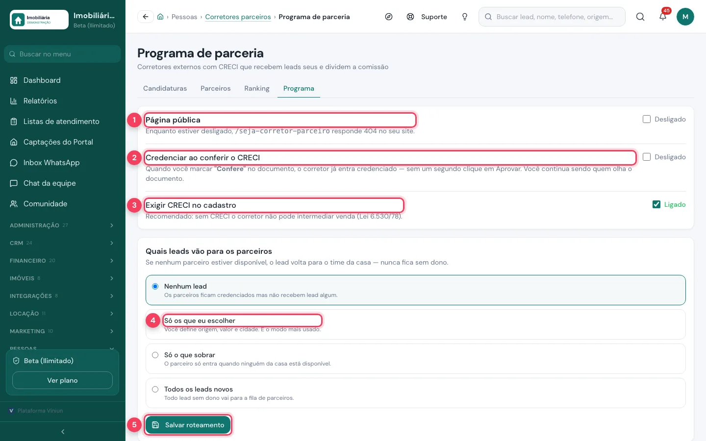 Aba Programa com Página pública, Credenciar ao conferir o CRECI, Exigir CRECI, a opção Só os que eu escolher e Salvar roteamento marcados