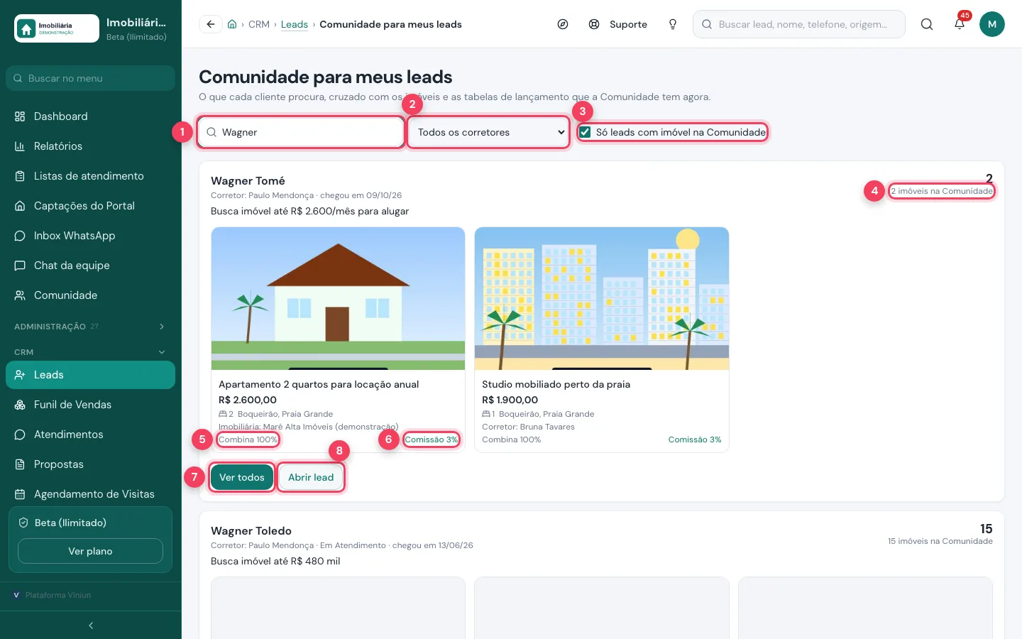Tela Comunidade para meus leads com a busca, o filtro de corretor, só leads com imóvel, o total de imóveis, Combina, Comissão, Ver todos e Abrir lead marcados