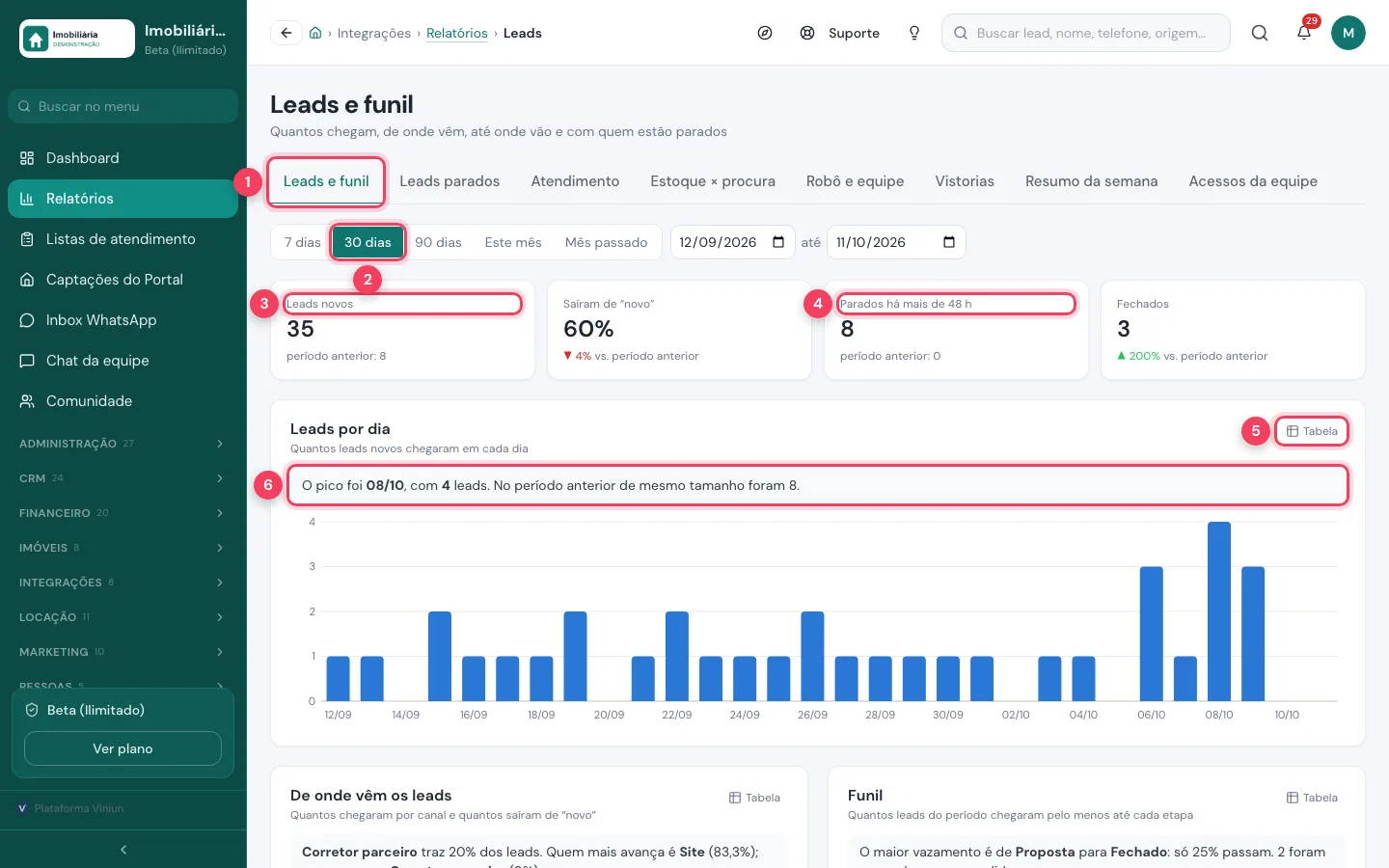 Relatório Leads e funil com período, cartões e gráfico de leads por dia