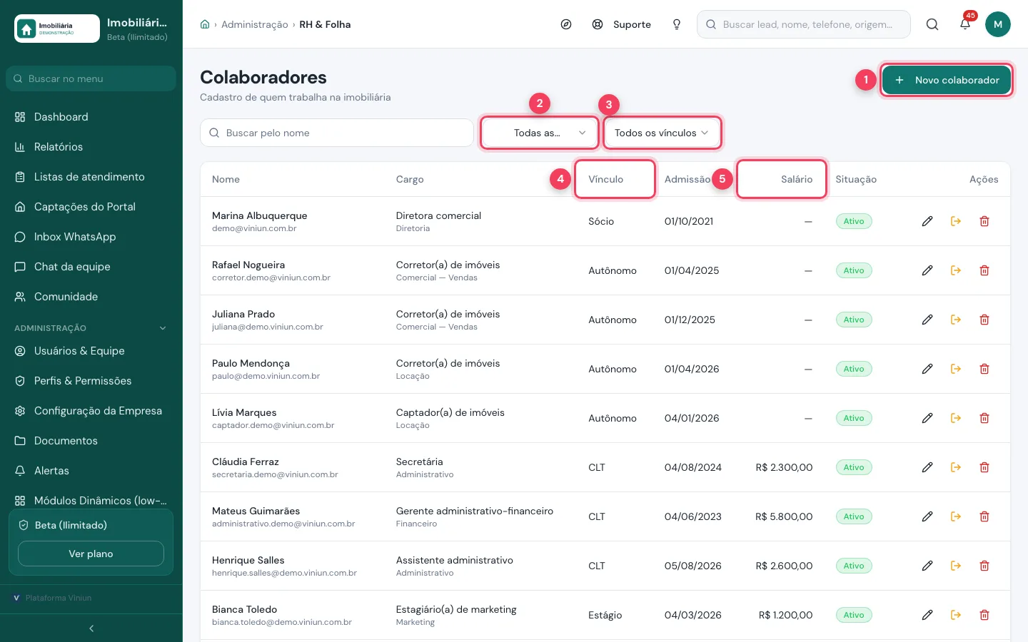 Lista de colaboradores com o botão Novo colaborador, os filtros e as colunas Vínculo e Salário marcados