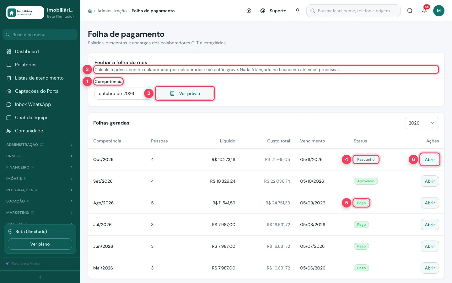 Tela Folha de pagamento com a competência, o botão Ver prévia, o aviso e os status Rascunho e Pago marcados