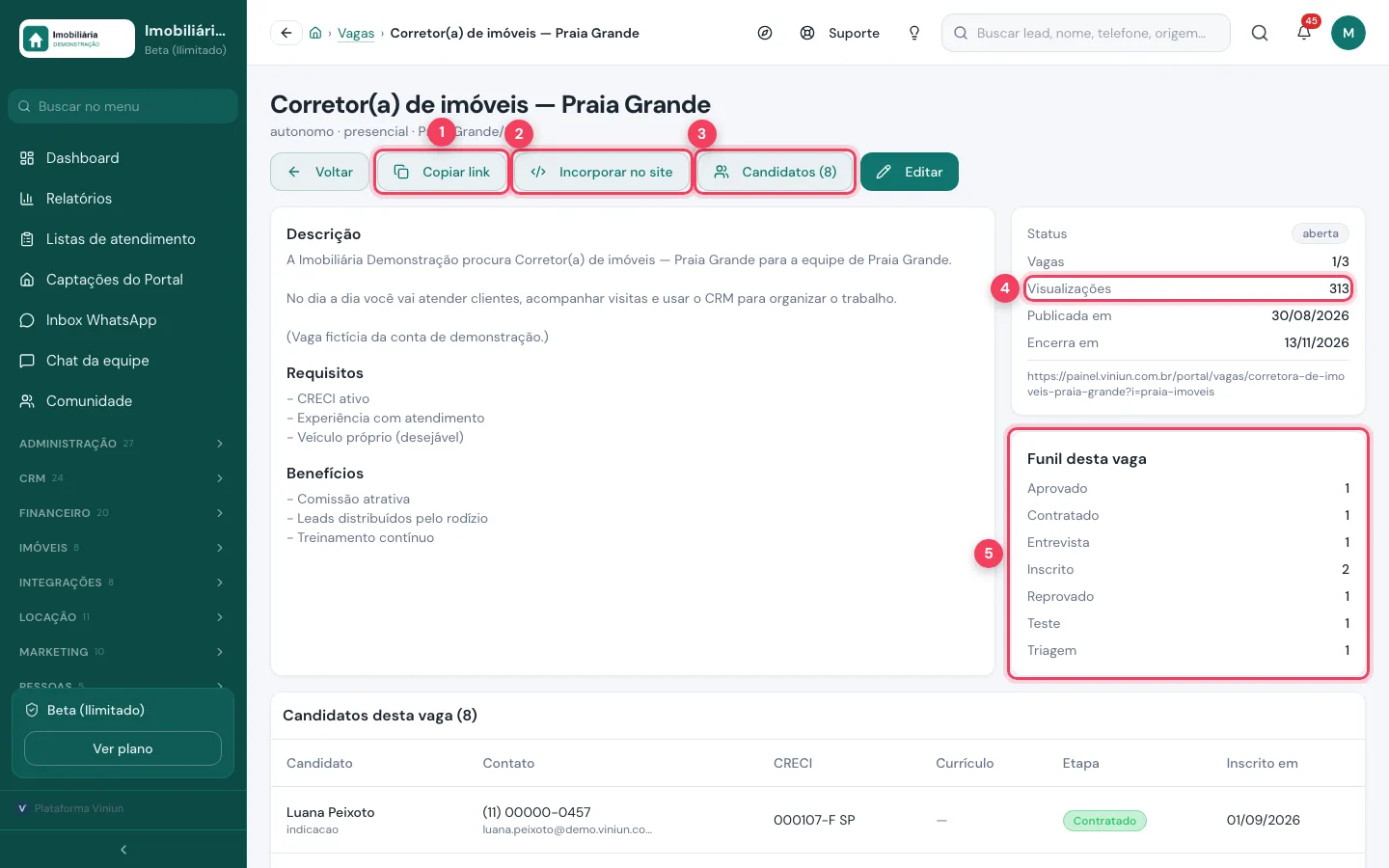 Página da vaga com Copiar link, Incorporar no site, Candidatos, visualizações e o funil desta vaga marcados