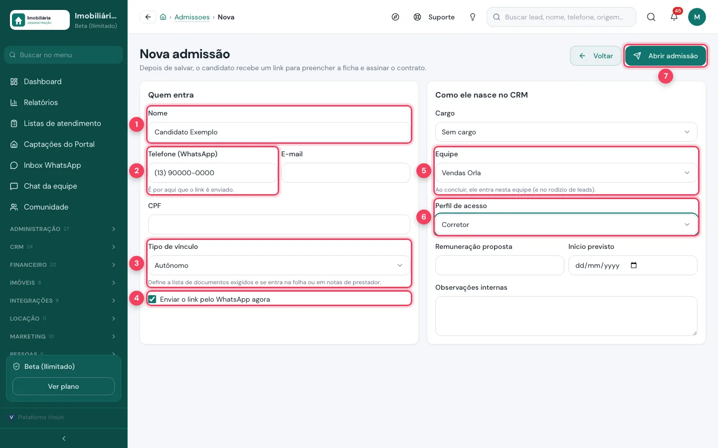 Formulário Nova admissão com nome, WhatsApp, tipo de vínculo, envio pelo WhatsApp, equipe, perfil de acesso e o botão Abrir admissão marcados