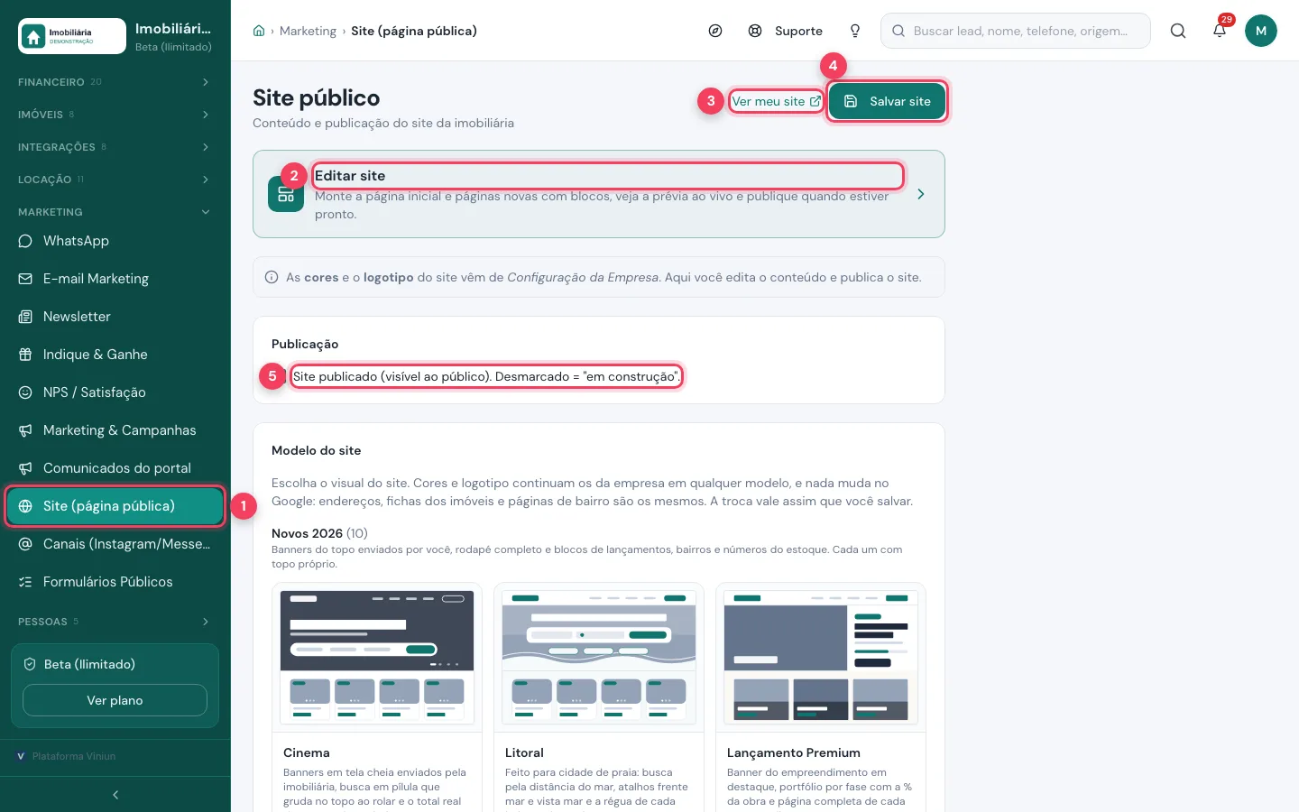 Tela Site público da Viniun com o menu Site, Editar site, Ver meu site, Salvar site e a opção de publicação marcados