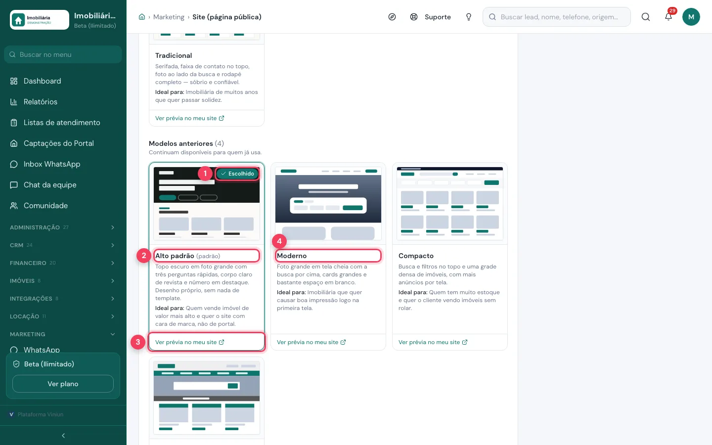 Cartões de modelos do site com o modelo escolhido, a prévia e outro modelo marcados
