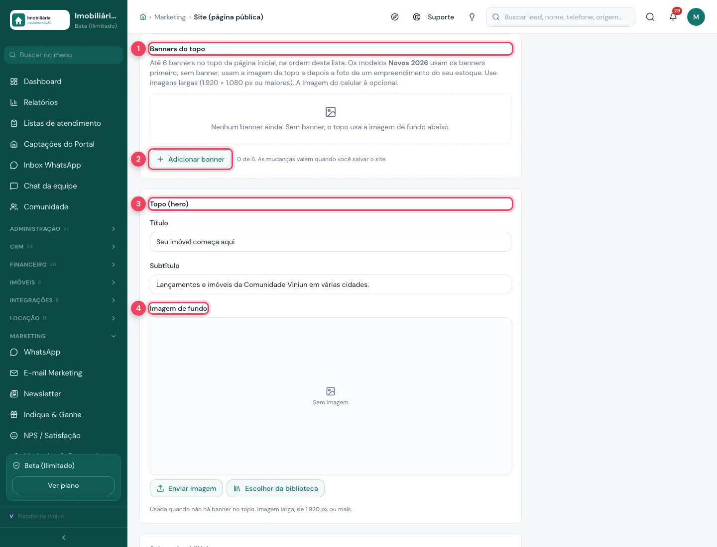 Seções Banners do topo e Topo do site com Adicionar banner e Imagem de fundo marcados