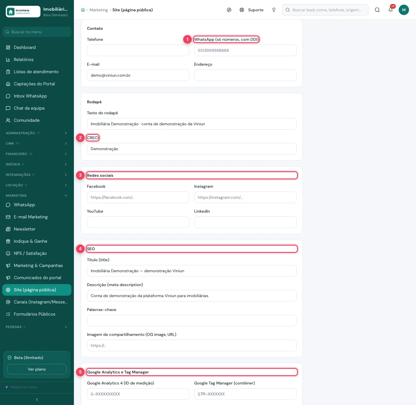 Seções Contato, Rodapé, Redes sociais, SEO e Google Analytics do site marcadas