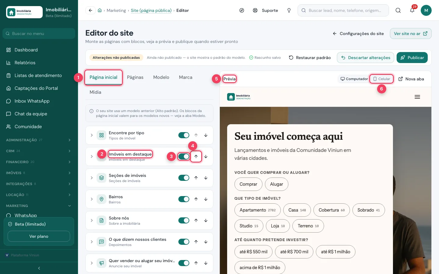 Editor do site com a aba Página inicial, um bloco, a chave liga/desliga, as setas e a prévia marcados