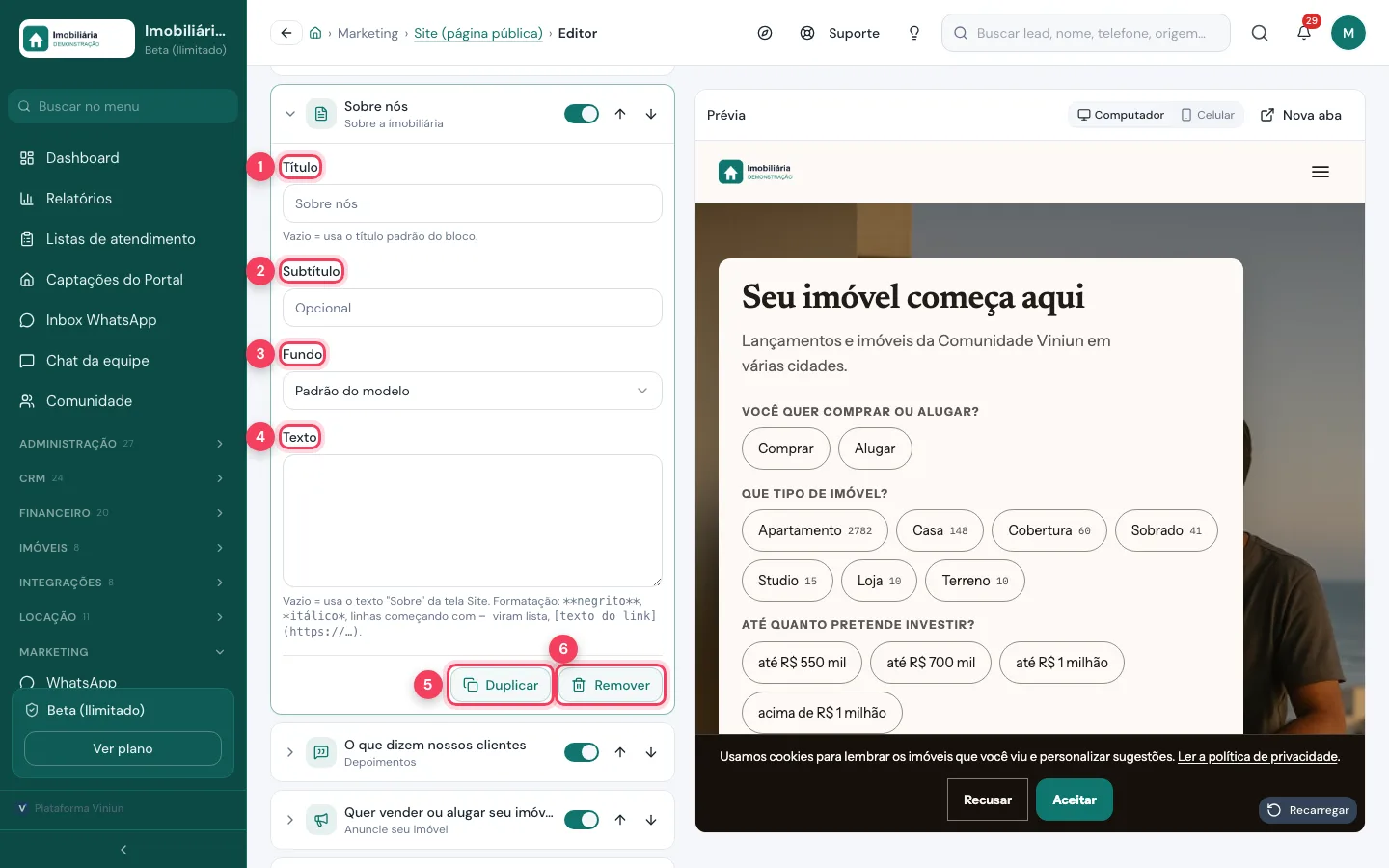 Bloco Sobre nós aberto com Título, Subtítulo, Fundo, Texto, Duplicar e Remover marcados