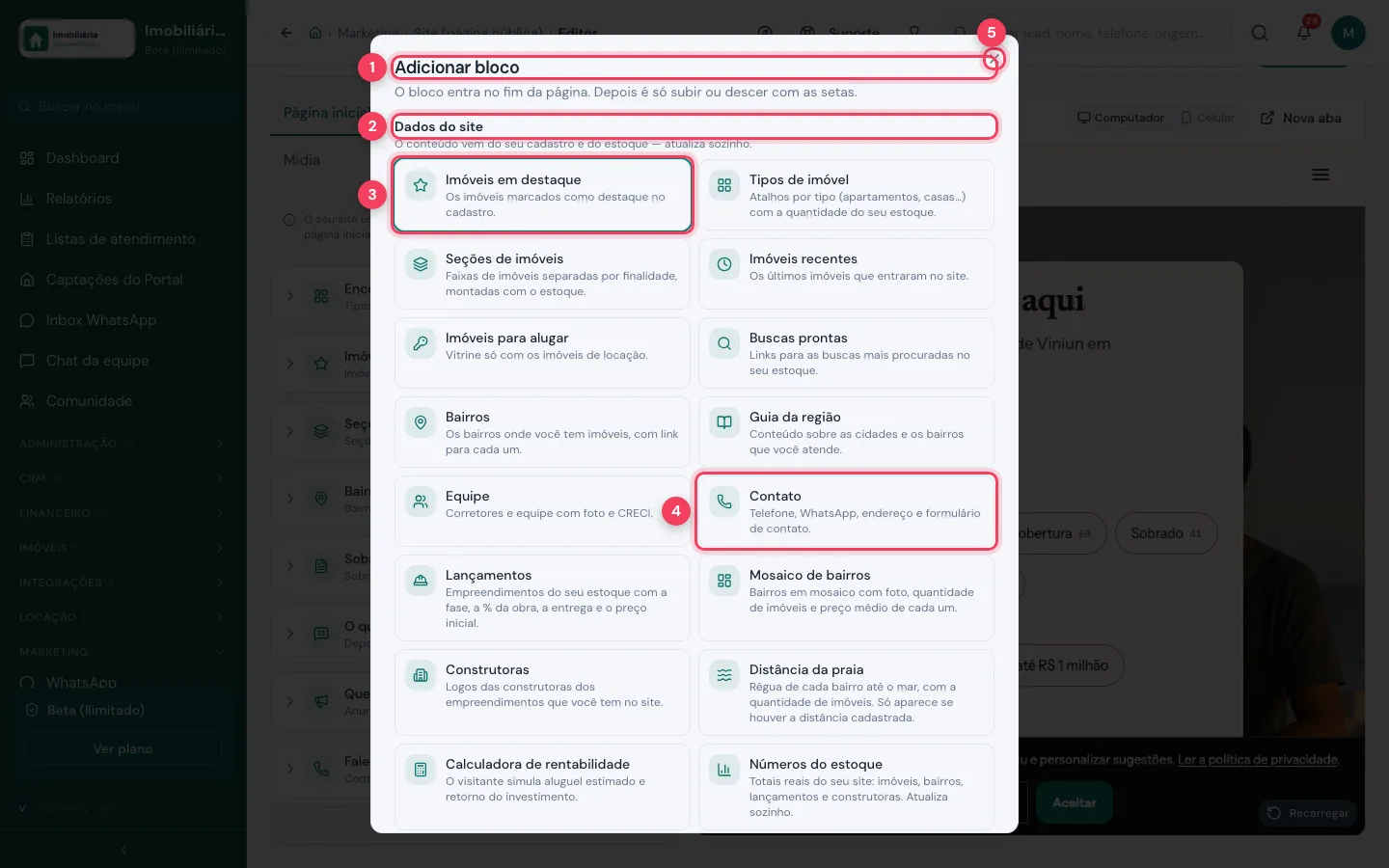Catálogo Adicionar bloco com Dados do site, Imóveis em destaque e Contato marcados