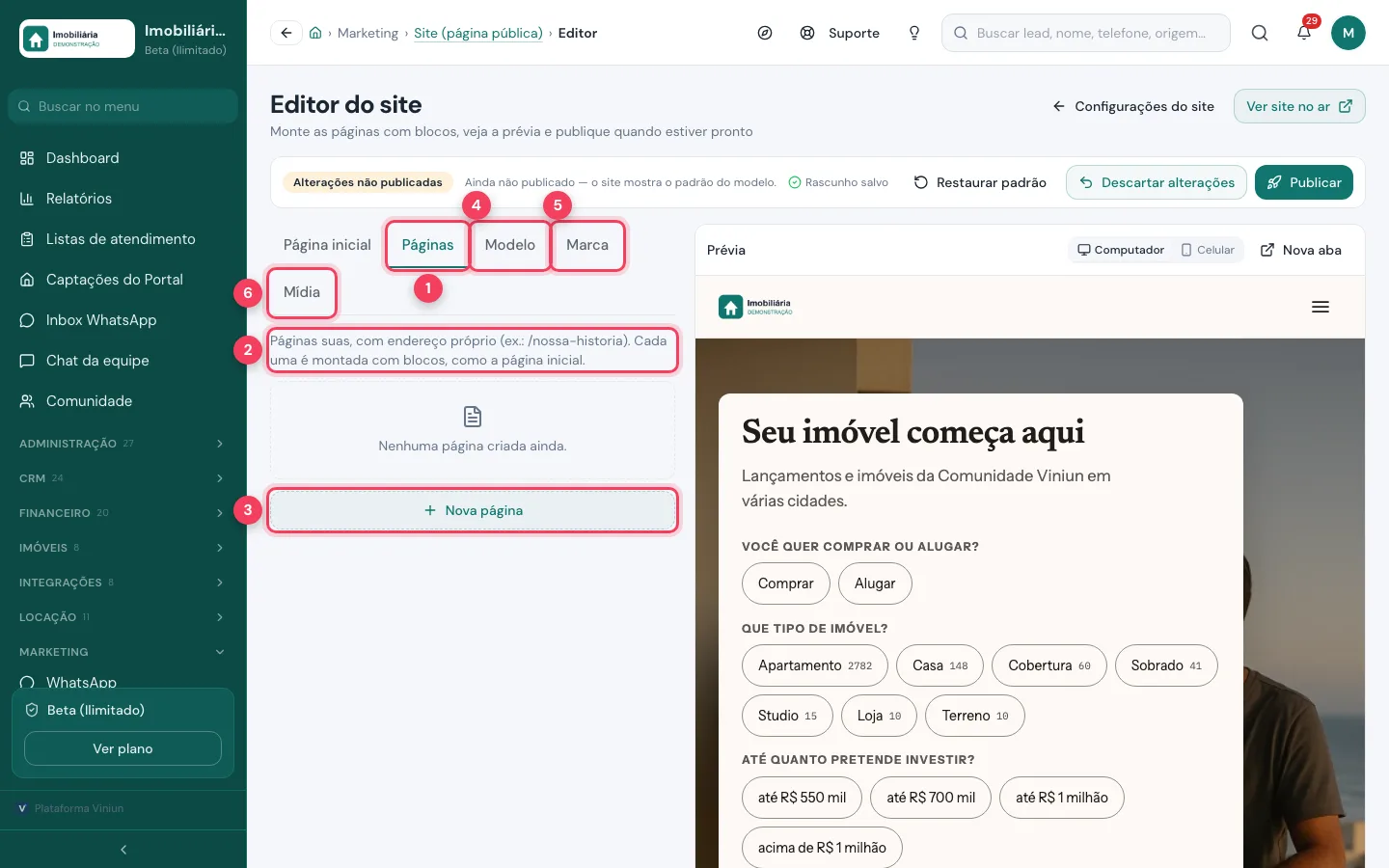 Aba Páginas do editor com Nova página e as abas Modelo, Marca e Mídia marcadas