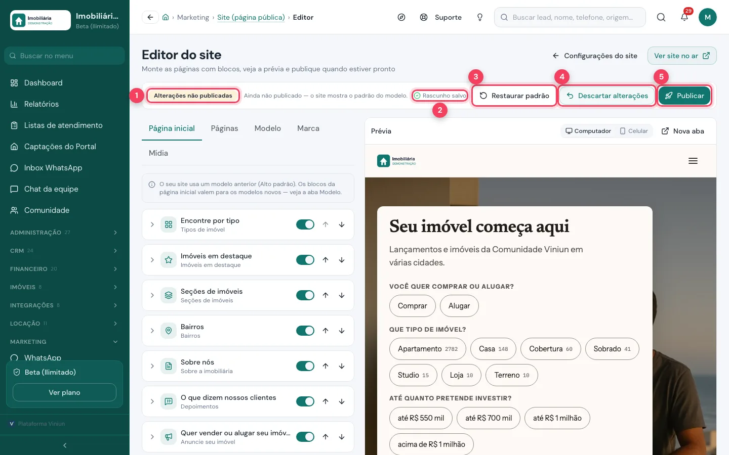 Barra do editor com Alterações não publicadas, Rascunho salvo, Restaurar padrão, Descartar alterações e Publicar marcados