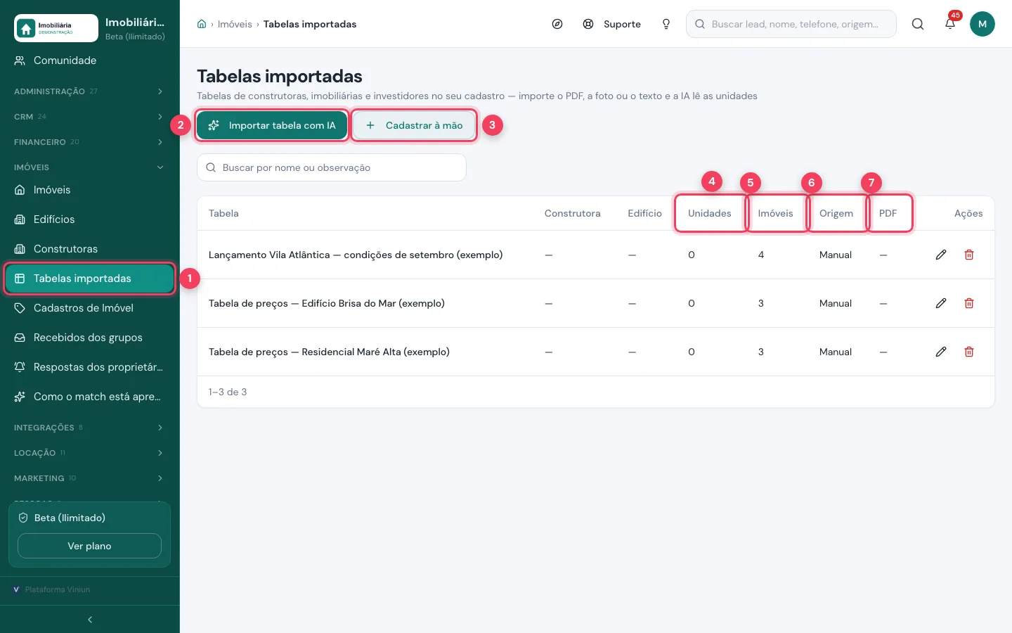 Tela Tabelas importadas com o menu, Importar tabela com IA, Cadastrar à mão e as colunas Unidades, Imóveis, Origem e PDF marcados