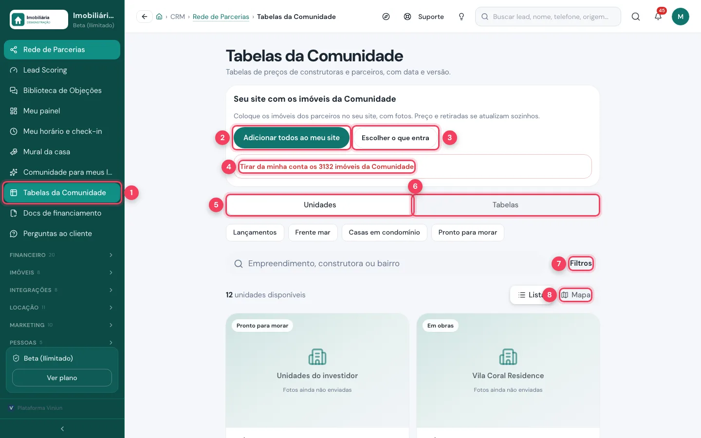 Tela Tabelas da Comunidade com o menu, Adicionar todos ao meu site, Escolher o que entra, Tirar da minha conta, as abas Unidades e Tabelas, Filtros e Mapa marcados