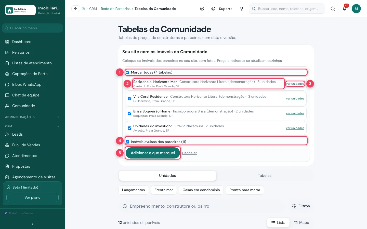 Escolha das tabelas com Marcar todas, uma tabela, ver unidades, imóveis avulsos e Adicionar o que marquei marcados