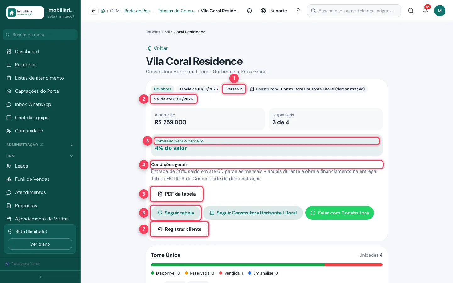 Tabela de um empreendimento da Comunidade com versão, validade, comissão, condições gerais, PDF, Seguir tabela e Registrar cliente marcados