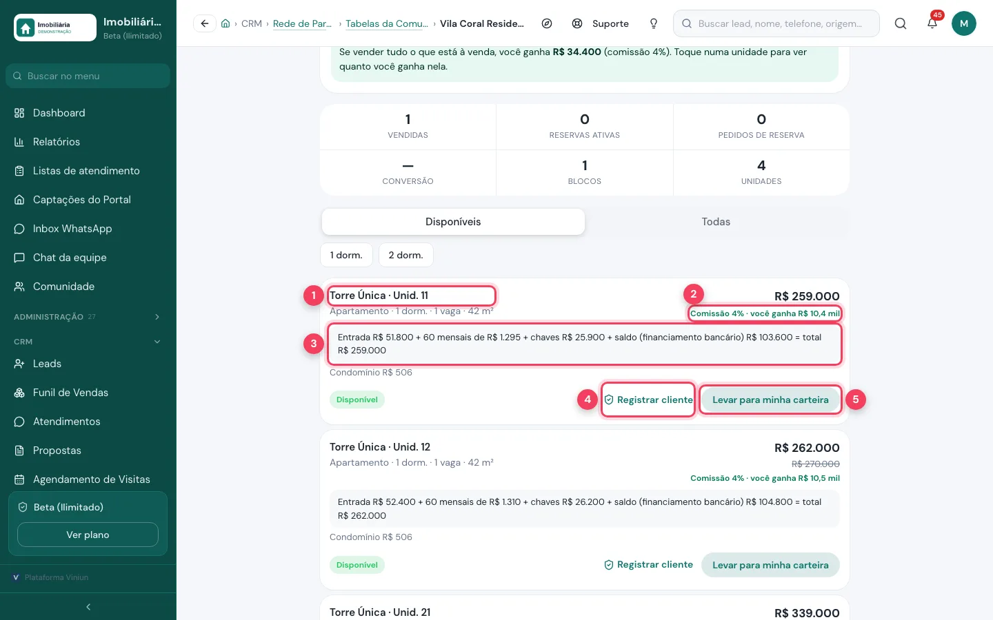 Unidade da tabela com o nome, a comissão em reais, o fluxo de pagamento, Registrar cliente e Levar para minha carteira marcados