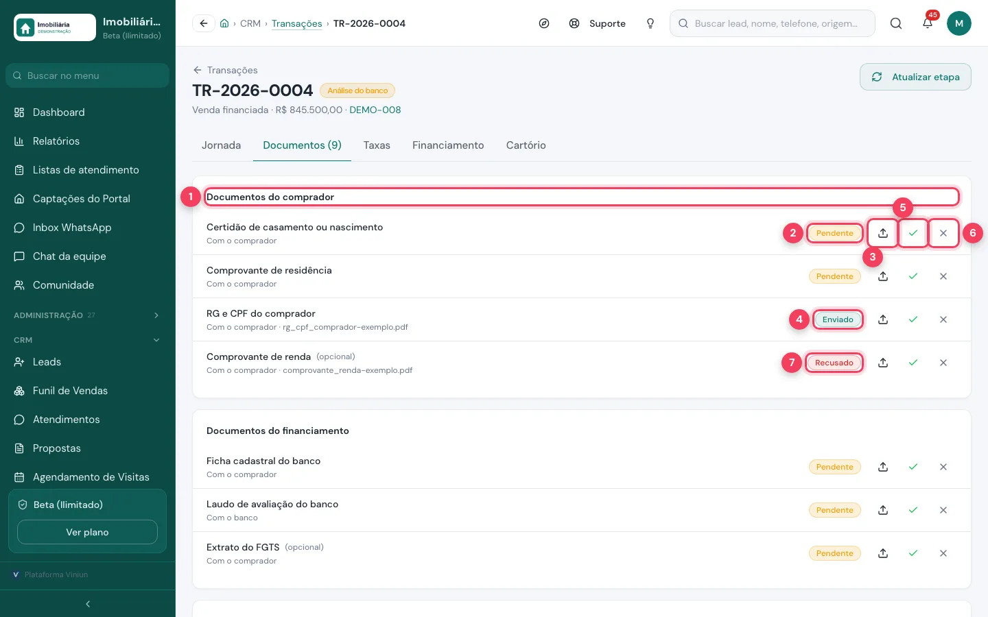 Documentos da transação com grupo, situações Pendente, Enviado e Recusado e botões enviar, aprovar e dispensar marcados