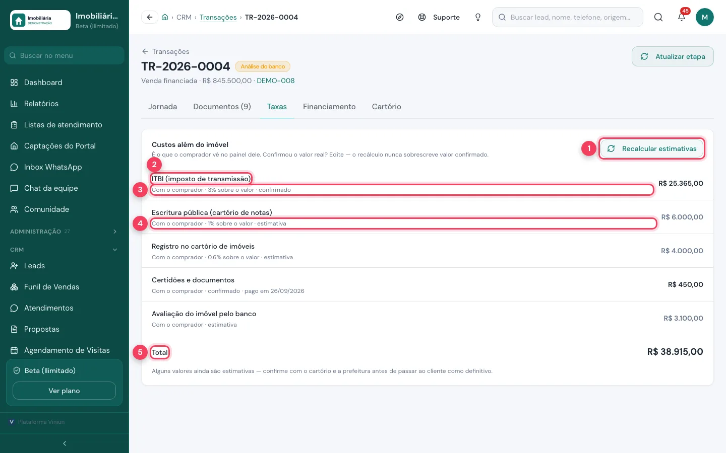 Aba Taxas com Recalcular estimativas, ITBI, valor confirmado, valor estimado e total marcados