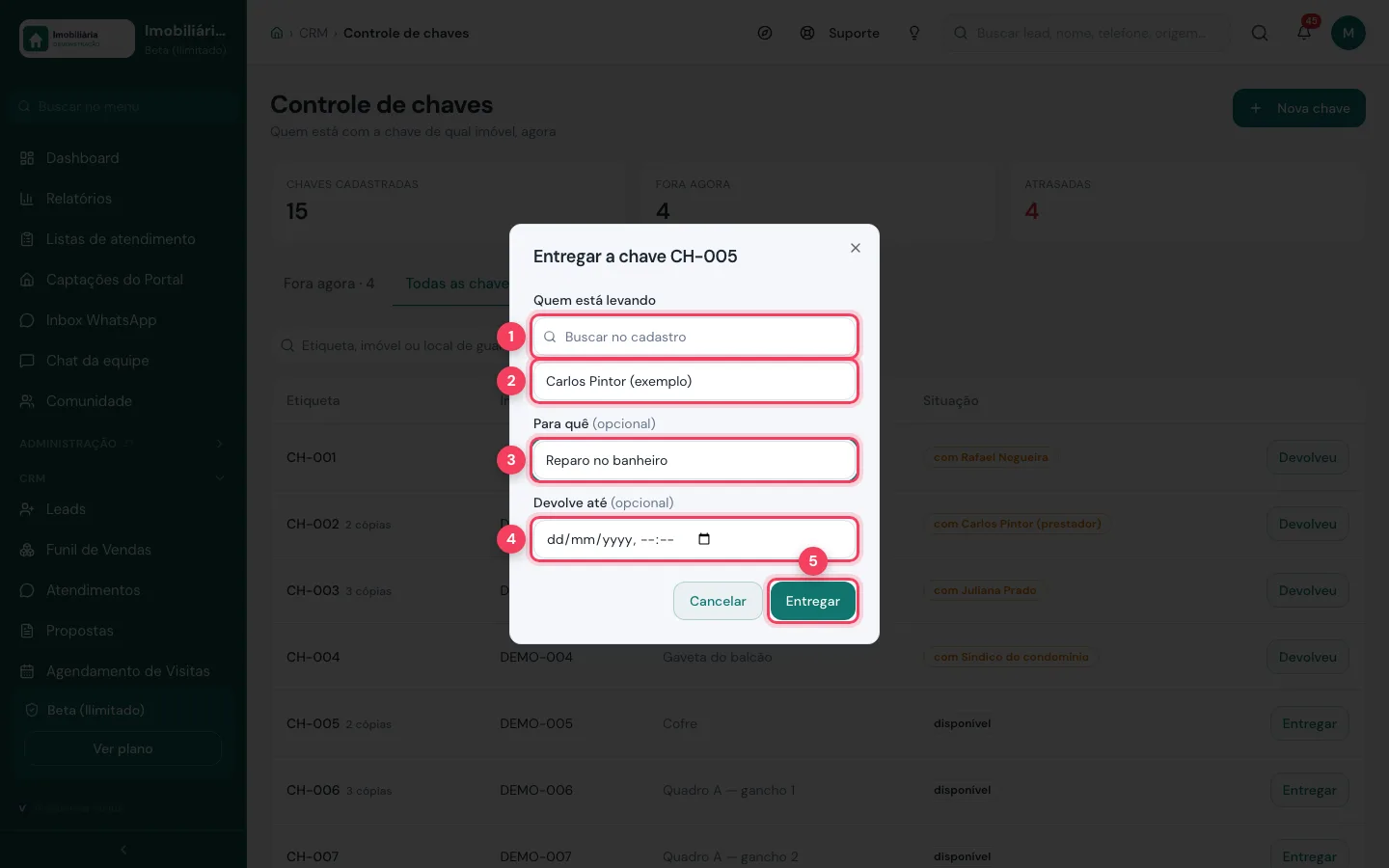 Janela Entregar a chave com busca no cadastro, nome digitado, para quê, devolve até e Entregar marcados