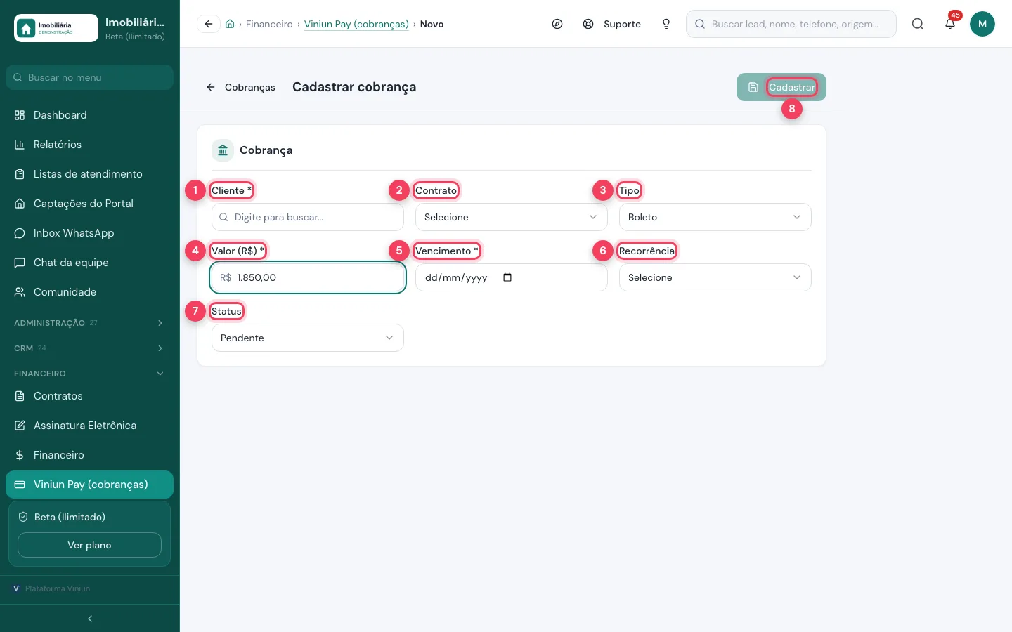 Formulário Cadastrar cobrança com cliente, contrato, tipo, valor, vencimento, recorrência e status