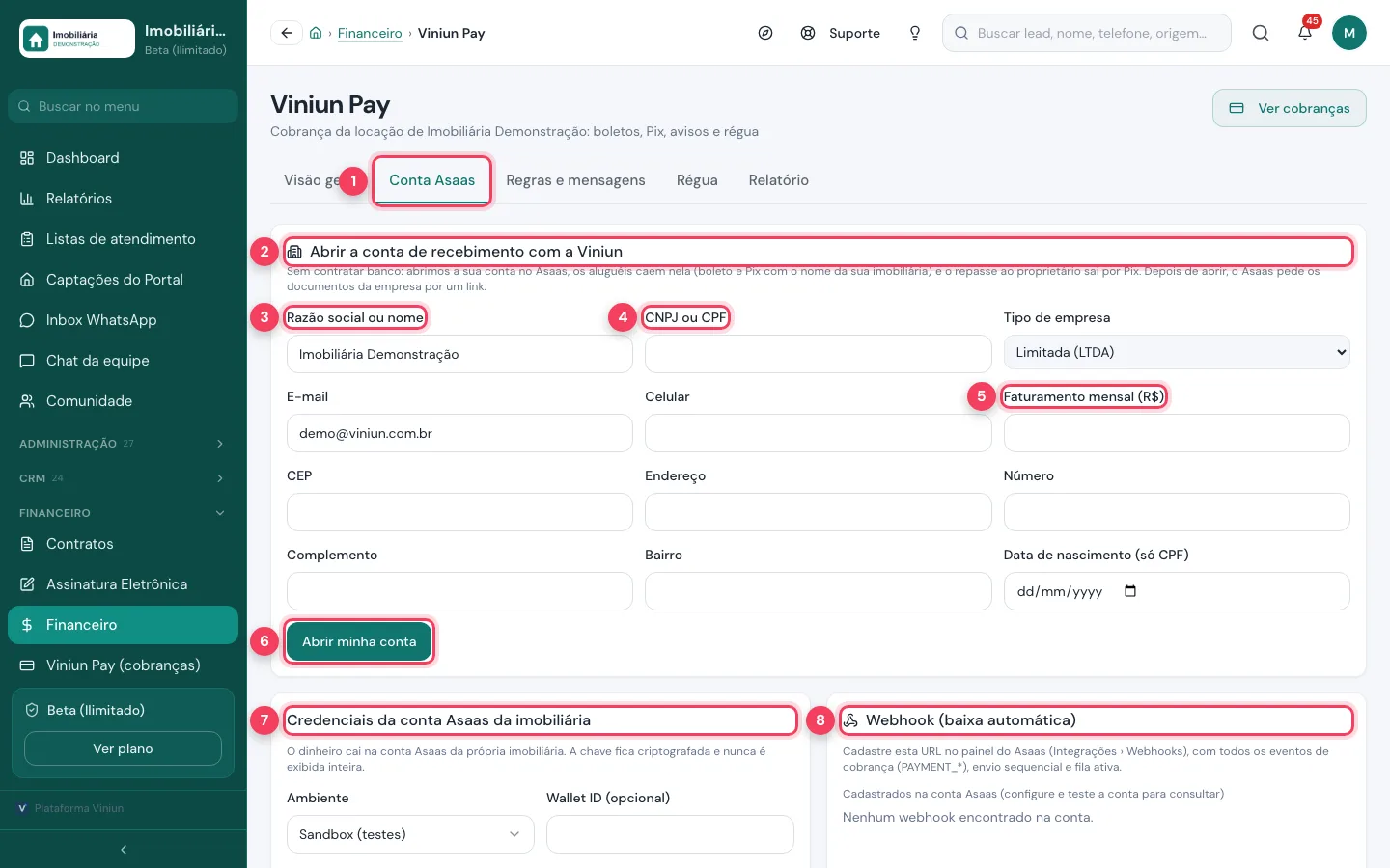 Aba Conta Asaas do Viniun Pay com abertura da conta de recebimento, credenciais e webhook