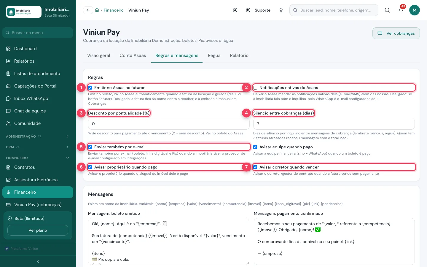 Regras do Viniun Pay com emissão automática, desconto por pontualidade, silêncio entre cobranças e avisos