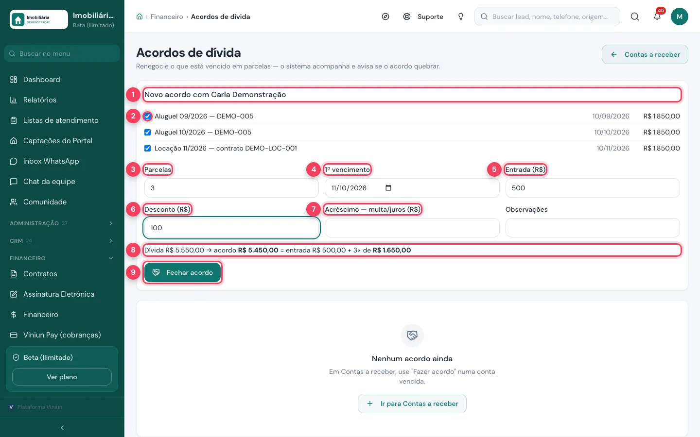 Novo acordo de dívida com contas em aberto, parcelas, entrada, desconto, acréscimo e resumo
