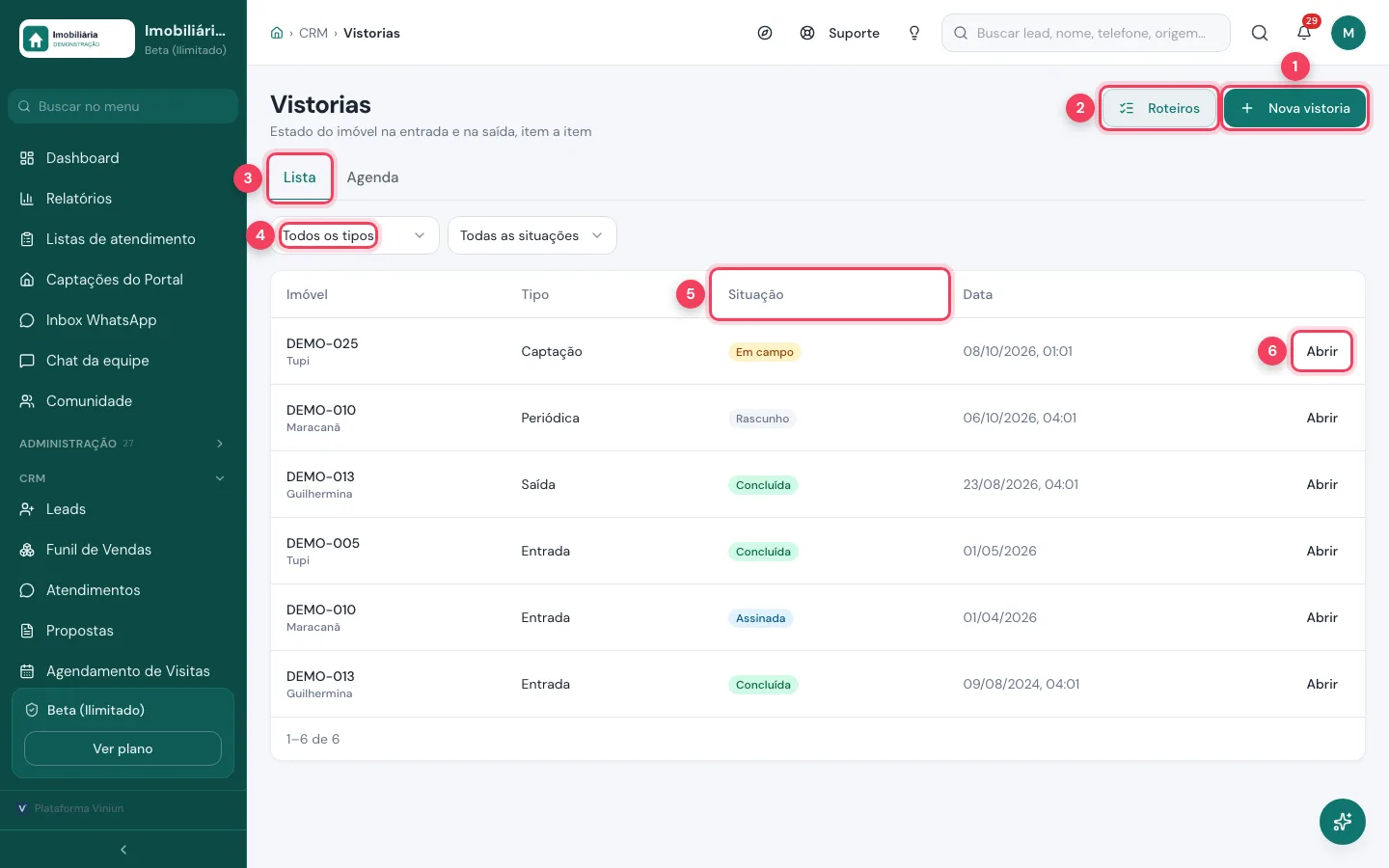 Lista de vistorias de imóvel com filtros, situação e botão Nova vistoria