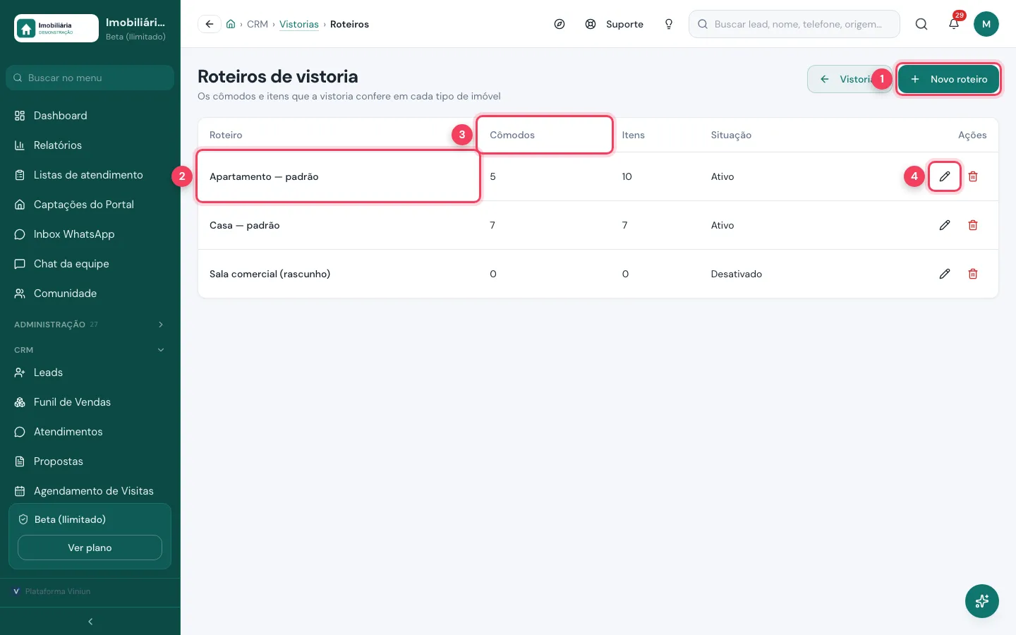Lista de roteiros de vistoria com cômodos e itens