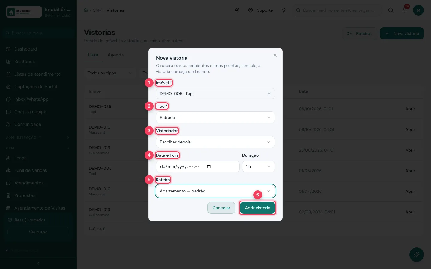 Janela Nova vistoria com imóvel, tipo, vistoriador, data e roteiro
