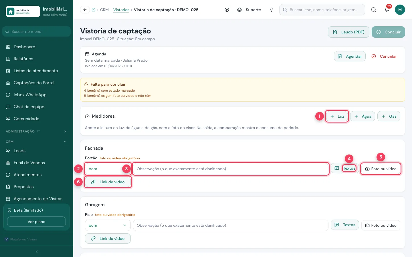 Itens da vistoria com estado, observação, textos prontos, foto e link de vídeo
