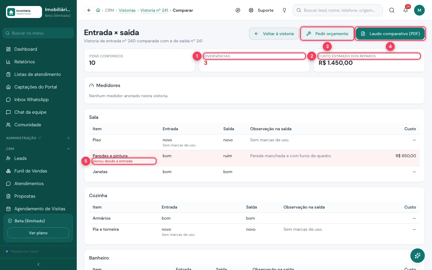 Tela Entrada × saída com divergências, custo dos reparos e laudo comparativo