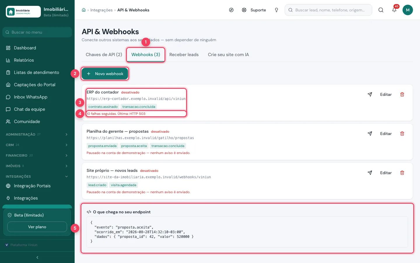 Aba Webhooks da Viniun com a lista de webhooks e o exemplo do aviso