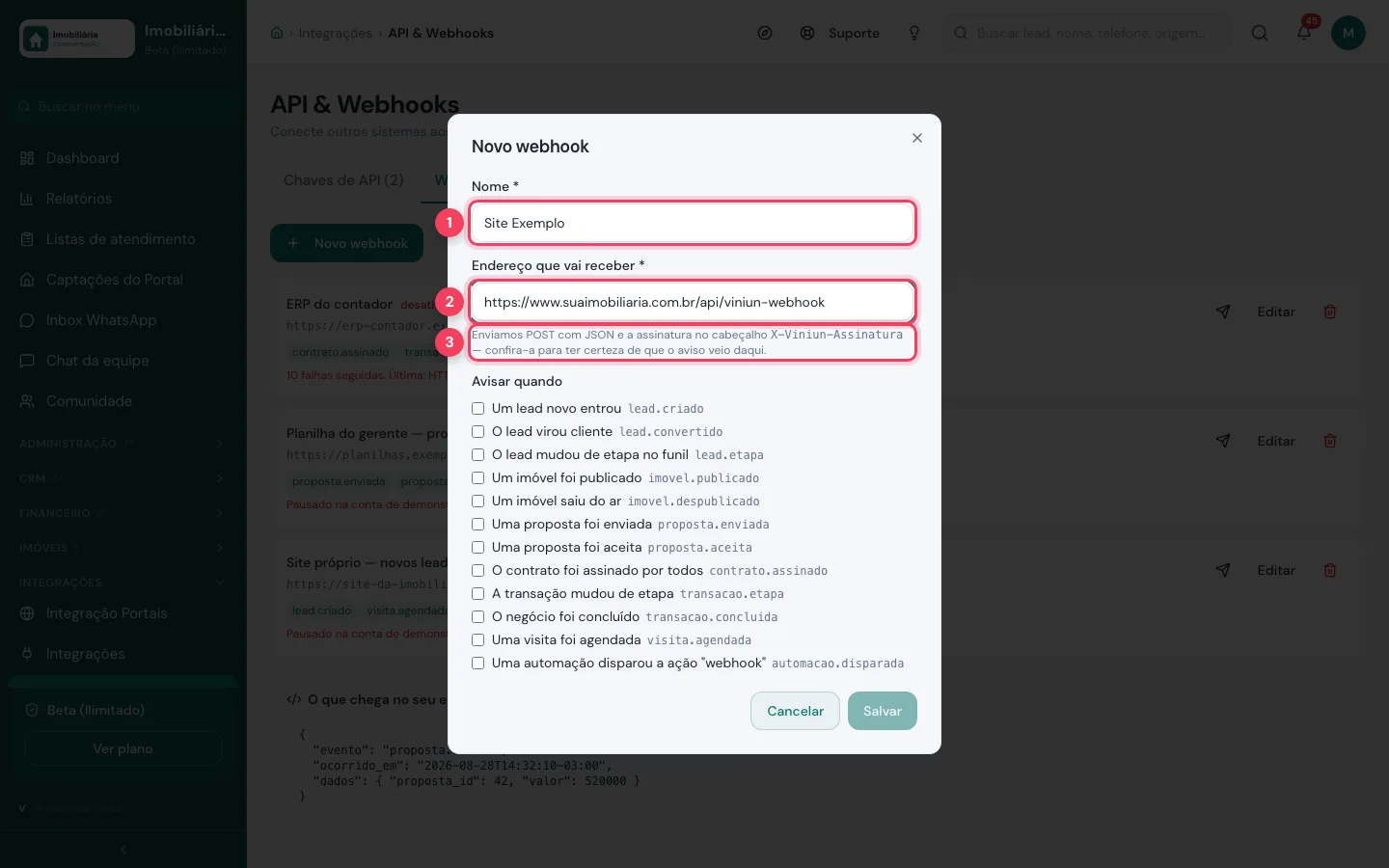 Formulário Novo webhook com nome e endereço preenchidos