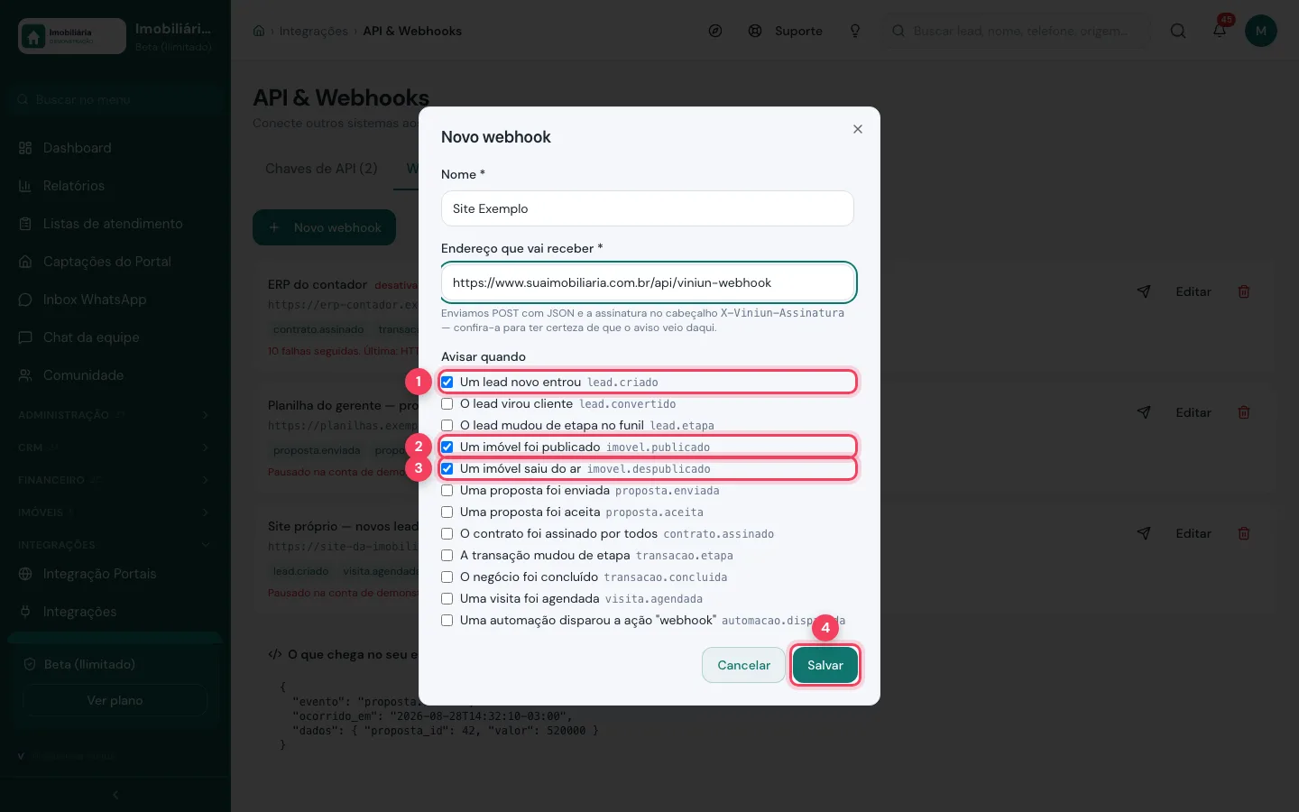 Lista de eventos do webhook com lead criado e imóvel publicado marcados