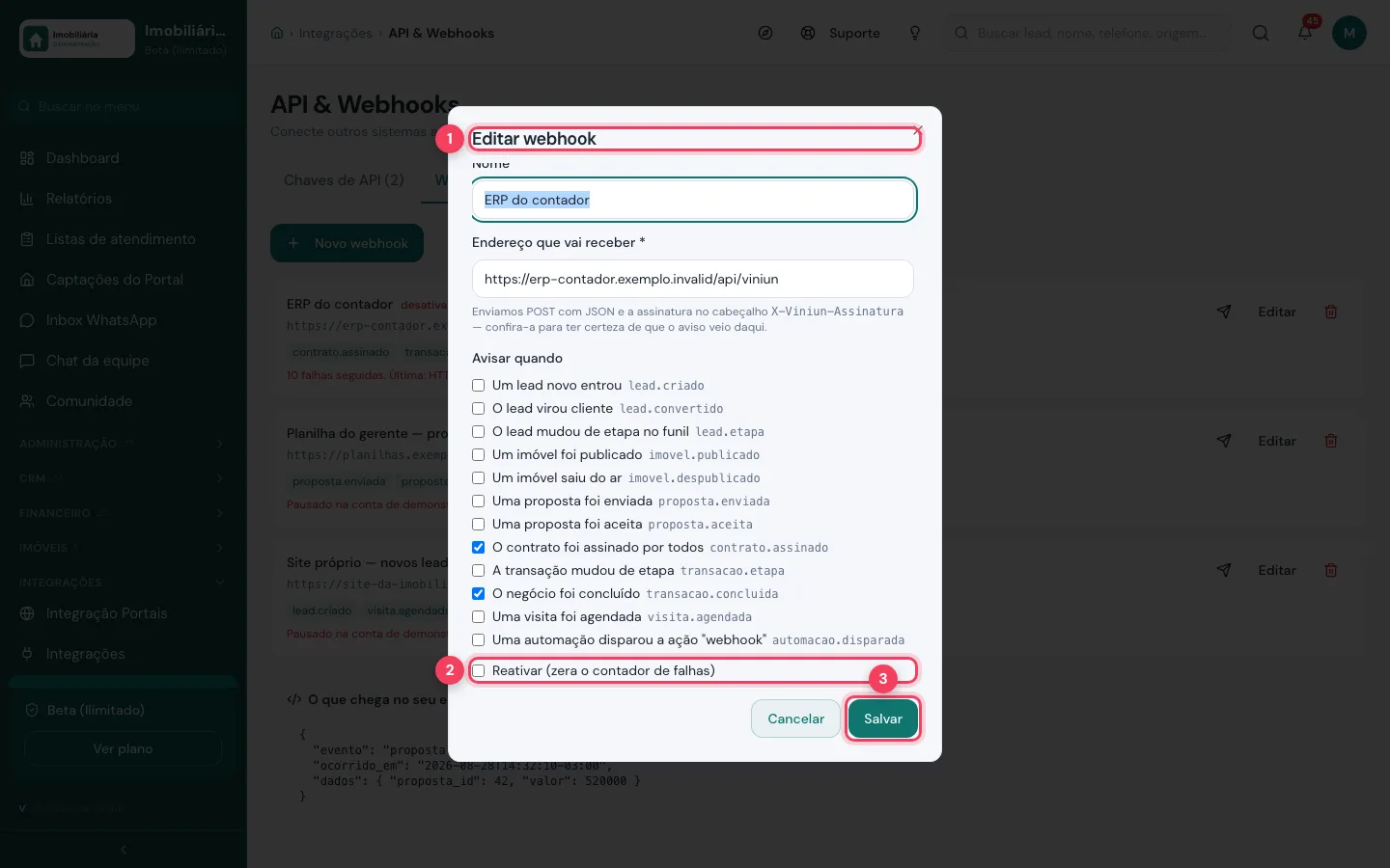Janela Editar webhook com a opção Reativar zera o contador de falhas