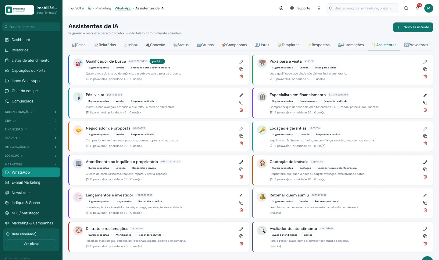Assistentes de IA que sugerem respostas ao corretor no WhatsApp da imobiliária