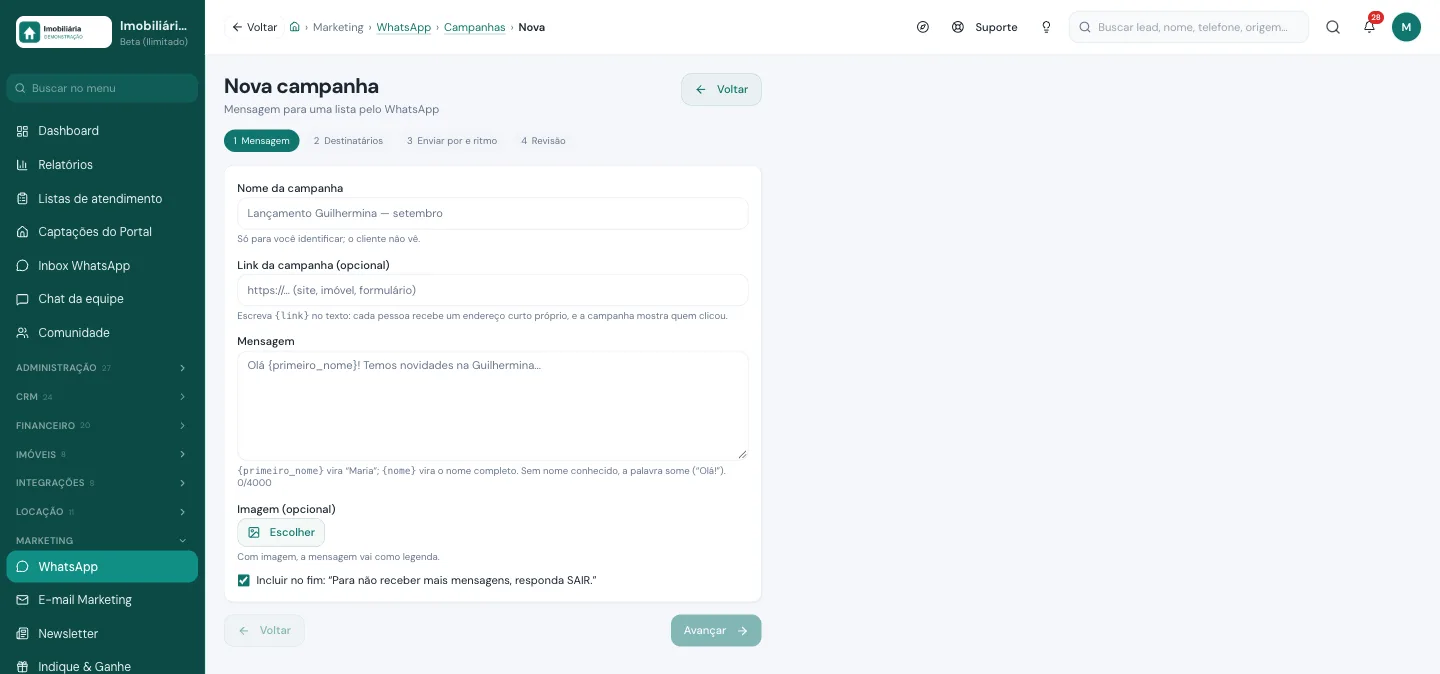 Nova campanha de WhatsApp com escolha do número e do ritmo de envio