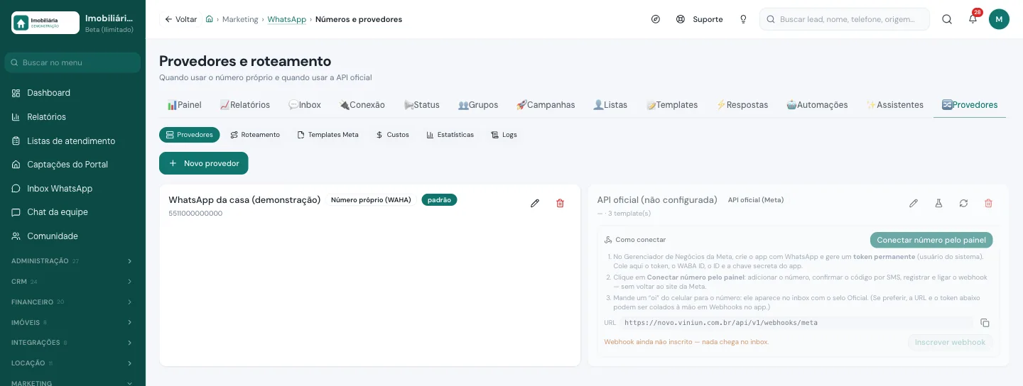 Provedores do WhatsApp na Viniun: número próprio por QR code e API oficial do WhatsApp da Meta