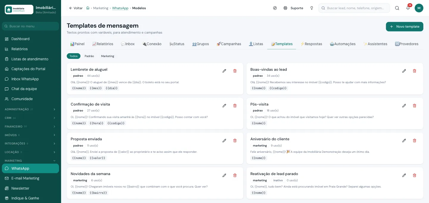 Templates de mensagem de WhatsApp com variáveis para campanhas da imobiliária